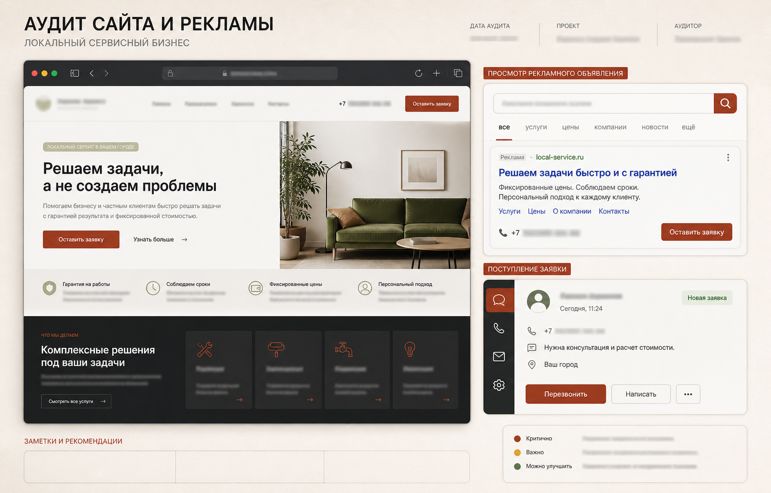 Реалистичная доска аудита: сайт малого бизнеса, рекламное объявление, заявка и заметки по улучшению